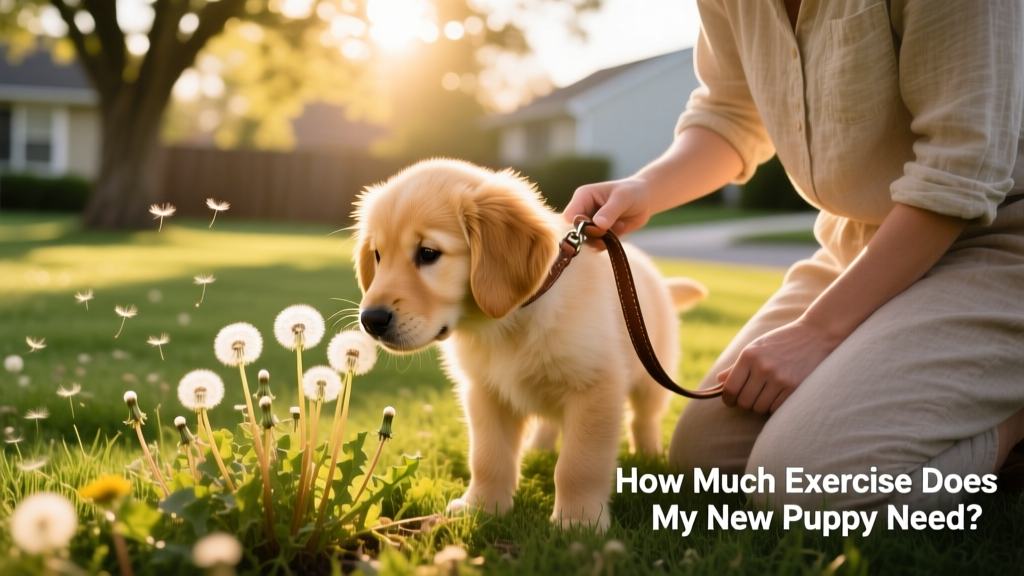 A curious puppy sniffing dandelions in a sun-dappled backyard, leash loosely held by a kneeling owner