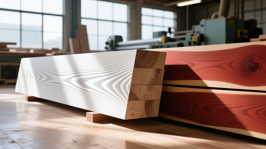 Quarter-sawn white oak boards displaying medullary ray flecks stacked beside plain-sawn red oak lumber inside a sunlit woodworking mill