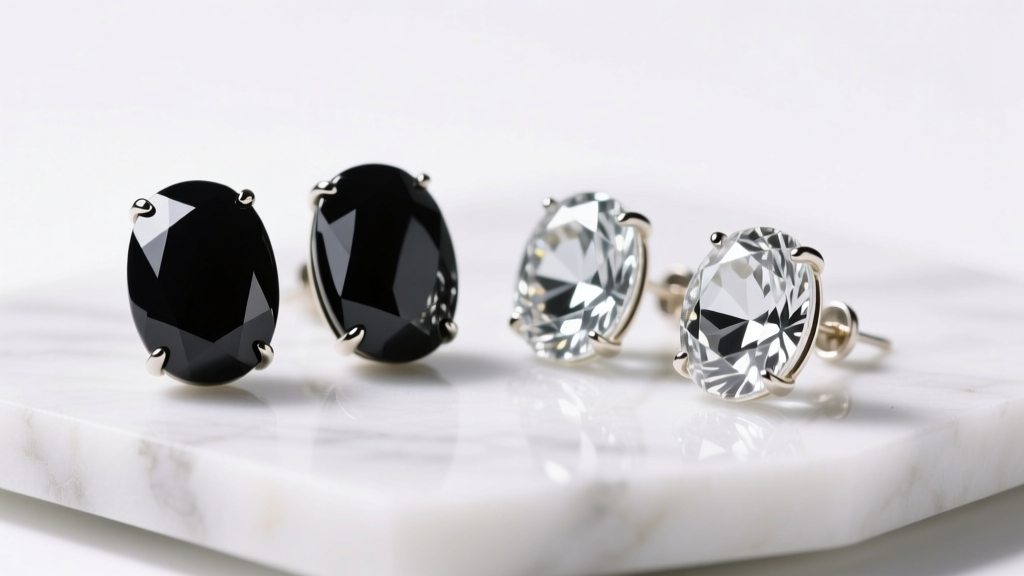 Macro photo of Whitby jet and French glass earrings on white marble, showing texture differences under bright studio lighting.