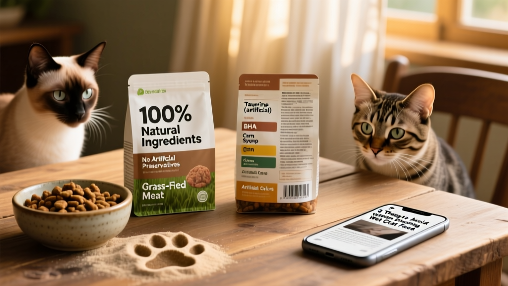 Side-by-side comparison of two wet cat food labels—one highlighting clean ingredients, the other showing long list with artificial additives