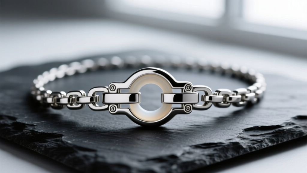 Macro shot of a silver modular charm it necklace clasp mechanism with a tiny silicone O-ring, resting on dark slate.