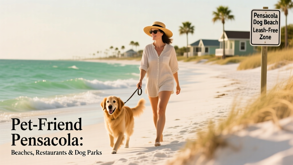 Person walking their dog on a dog beach in Pensacola, with white sand and emerald water in the background