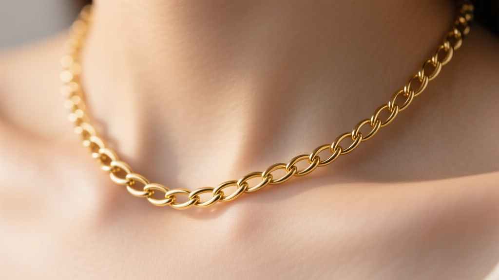 Macro shot of a 14k gold pididdly links necklace on a collarbone, showing tiny 1mm links and a fluid liquid-metal drape in soft lighting.