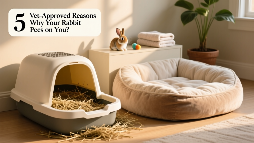 Clean, well-organized rabbit litter box with hay and paper-based litter, placed beside a cozy resting area