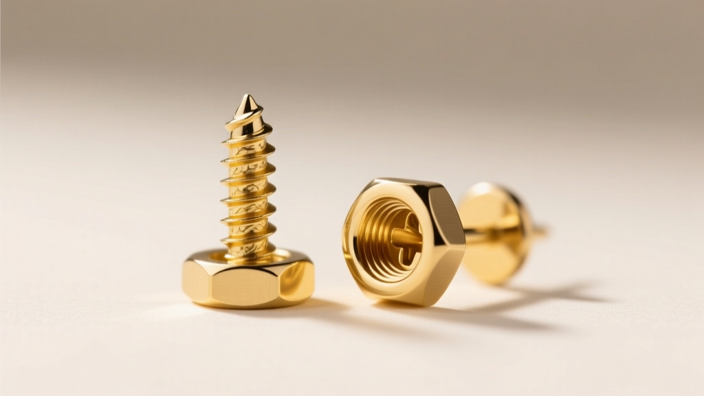 Macro shot of a 0.9mm threaded screw-back earring post and secure nut, highlighting the precision threading on 18k yellow gold.
