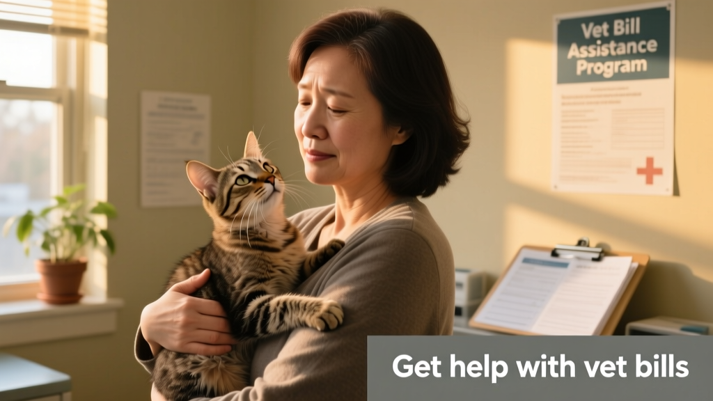 A relieved pet owner holding their recovering cat after a successful vet visit
