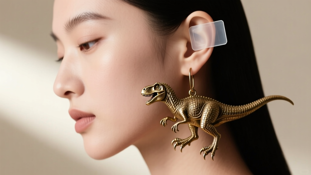 Side profile of a woman wearing a heavy brass dinosaur drop earring supported by a clear earlobe patch in soft natural light.