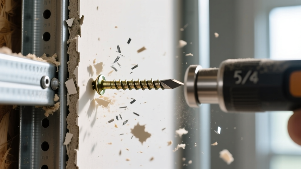 Close-up of a contractor driving 1-5/8 inch coarse-thread drywall screws into 5/8-inch Type X fire-rated gypsum board on metal studs