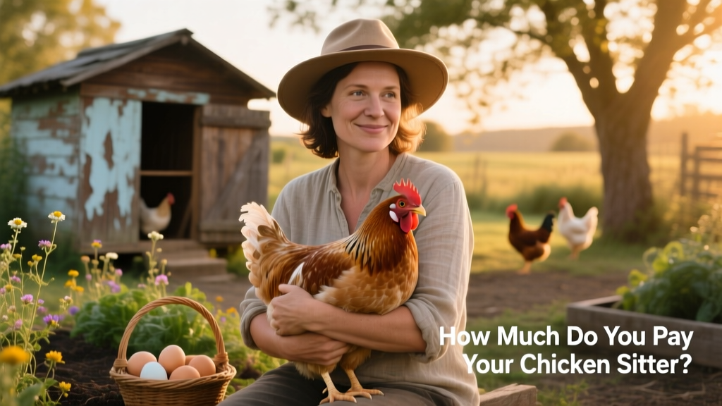 A friendly chicken sitter gently holding a calm hen outdoors near a coop