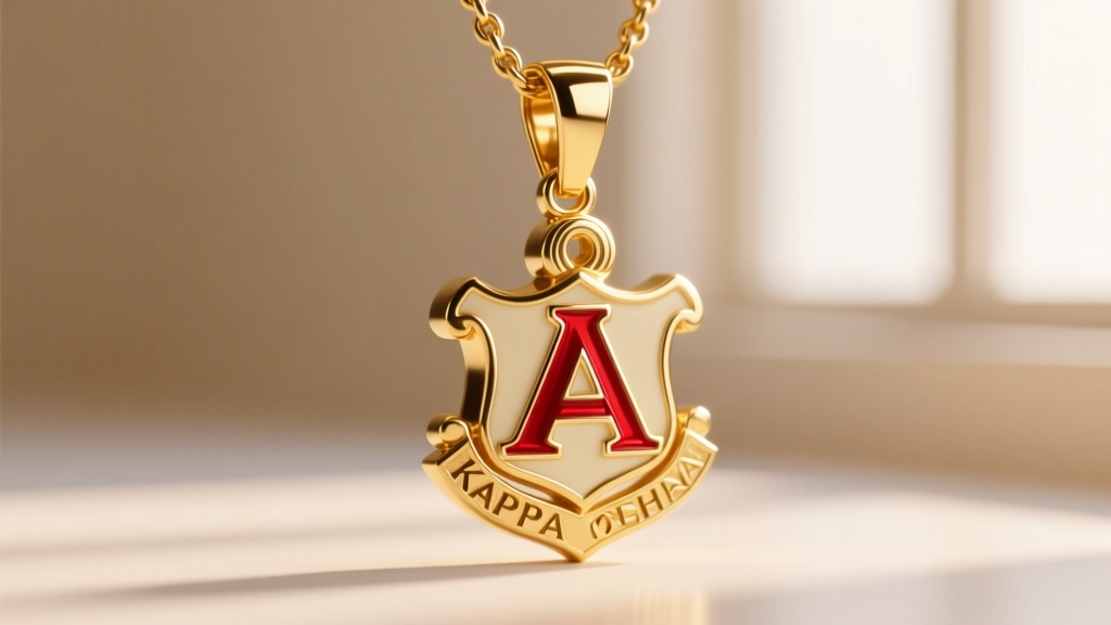 Macro shot of a polished 14k yellow gold Kappa Alpha Psi crest pendant featuring vibrant crimson and cream hard enamel detailing