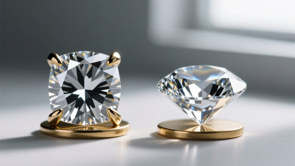 Macro comparison of prong-set cubic zirconia and glued Swarovski crystal, showing facet junctions and adhesive on brass backing