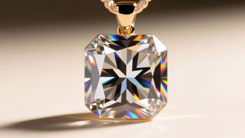 Macro shot of an Asscher cut diamond pendant showing square step facets and a windmill pattern under bright light
