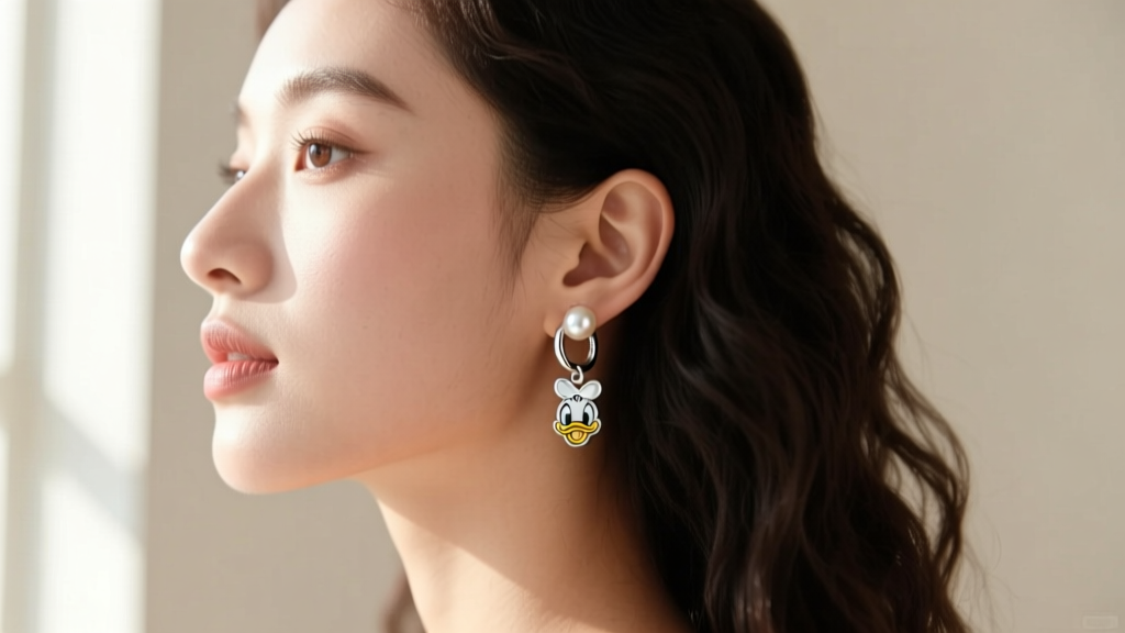 Side profile of a woman wearing 20-gauge sterling silver Daisy Duck huggie earrings with a pearl charm, softly lit by window light.