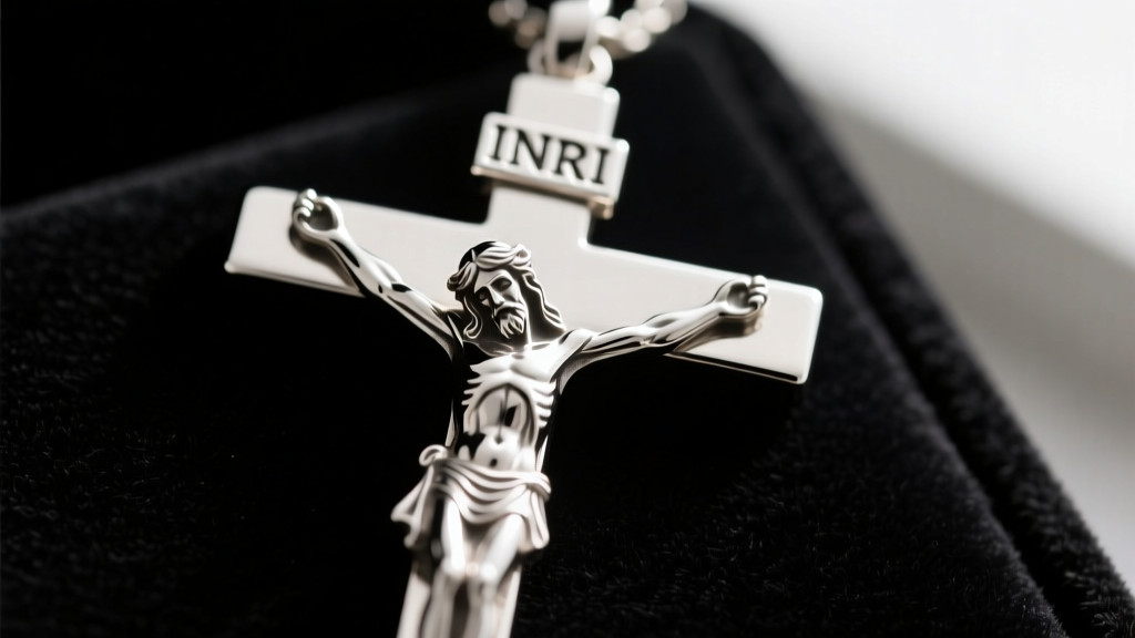 Macro photography of a sterling silver crucifix pendant, focusing on the sculpted corpus and the small INRI sign above the cross.