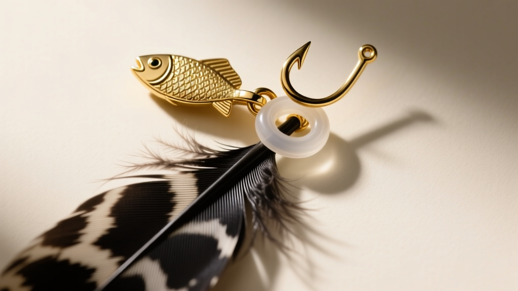 Detailed shot of an 18-gauge gold vermeil fishhook clasp with a clear silicone support O-ring holding a heavy ostrich feather drop