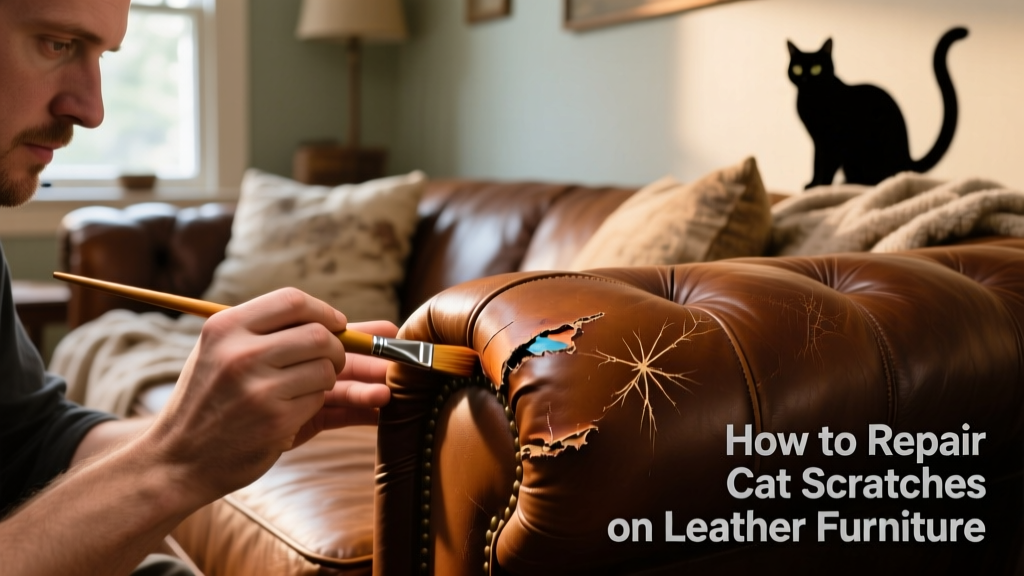 Close-up of a professional technician carefully applying colorant to a repaired leather sofa section