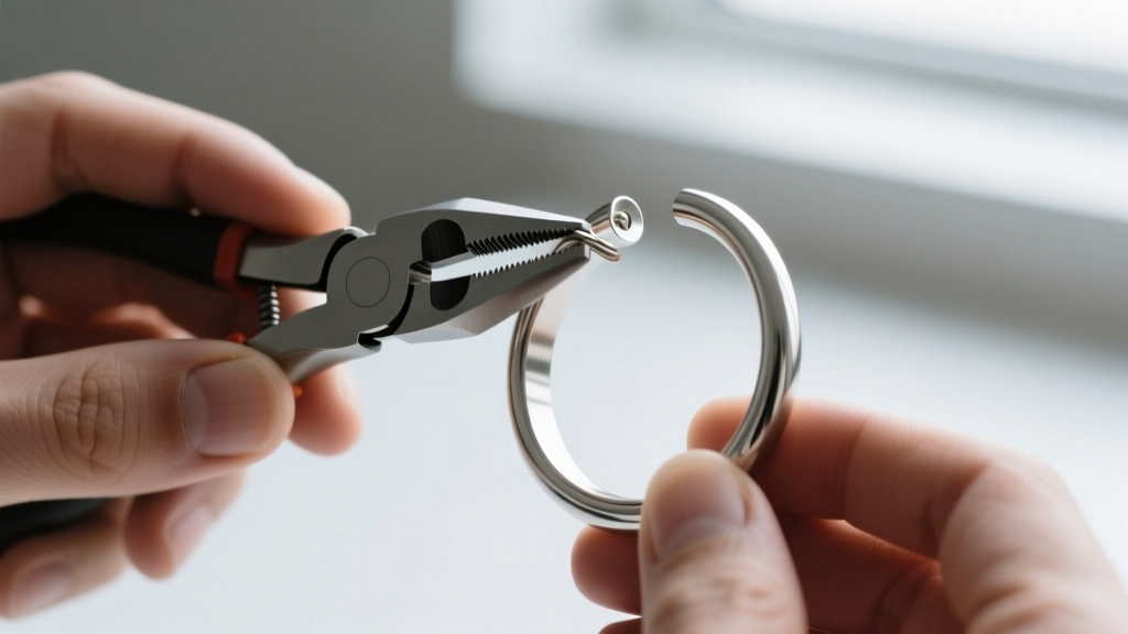 Hands using specialized continuous ring closing pliers to gently seal a thick 12-gauge titanium bangle earring hoop.