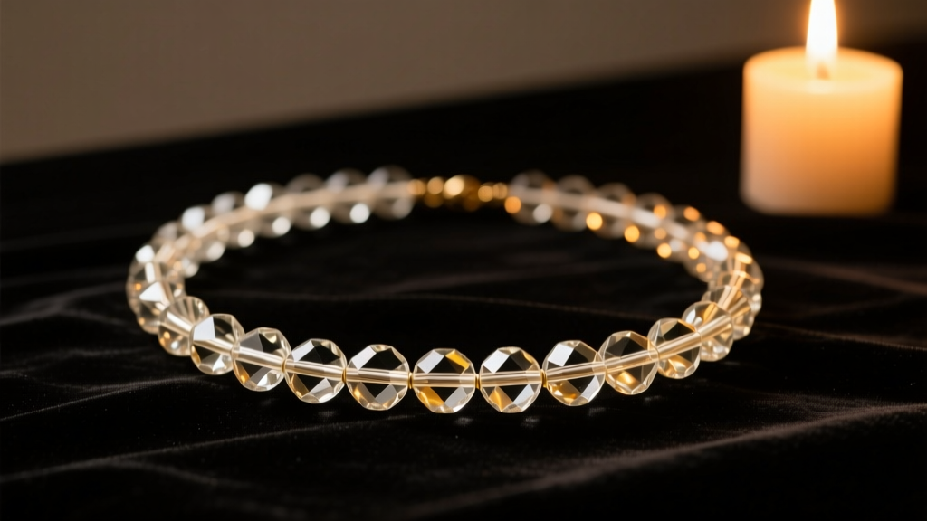 Vintage clear glass bead necklace on dark velvet, with faceted Czech beads catching warm candlelight in a moody studio