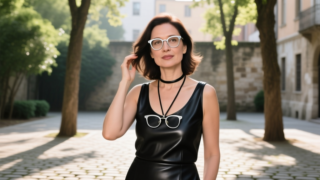 Woman wearing a black leather cord eyeglass necklace holder with reading glasses hanging comfortably at her upper chest outdoors.