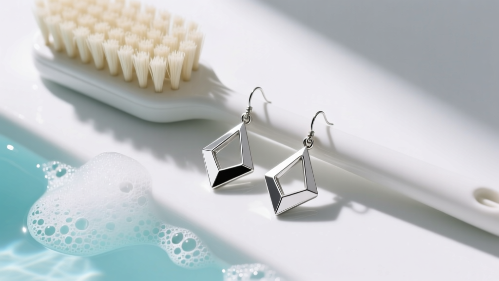 Top-down view of a cleaning station with a soft bristle brush, mild soap suds, and complex geometric silver 3D drop earrings.