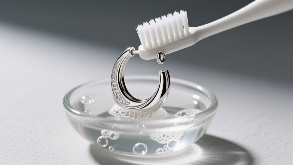 Soft toothbrush gently scrubbing the hinged post of a sterling silver semi-circle earring over a small glass bowl of soapy water.
