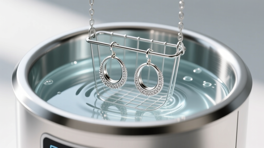 Ultrasonic cleaner with steel tank holding silver hoop earrings in a wire basket submerged in clear solution under bright light