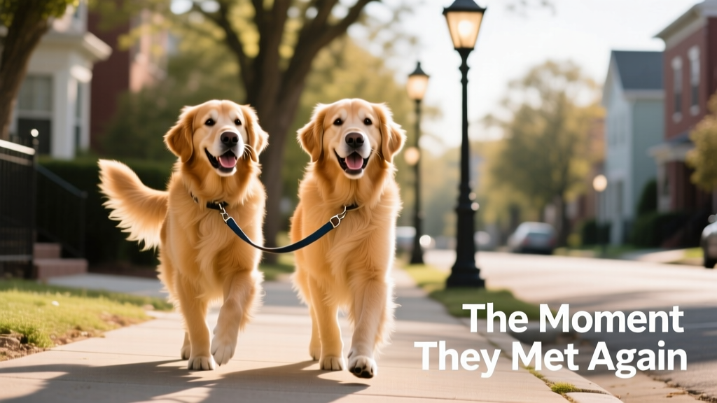 Joey and Odin walking side-by-side down a sunlit sidewalk, leashes loose, heads held high, tails swaying in sync