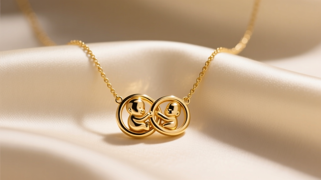Close-up of a 14k gold mother and baby necklace with interlocking rings resting on cream silk under warm studio lighting.