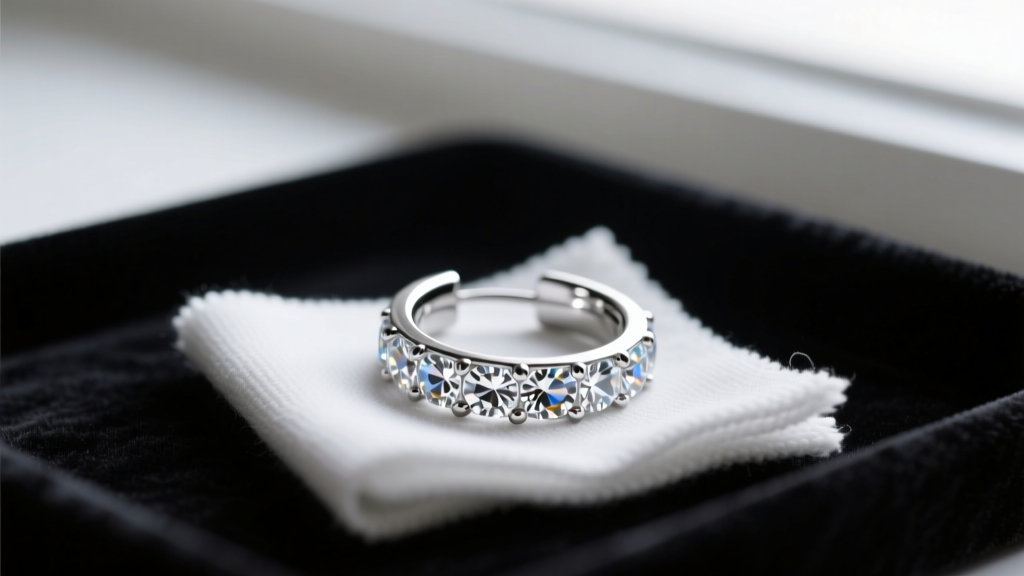 Microfiber cloth gently polishing a rhodium-plated crystal hoop earring on a dark velvet tray, highlighting proper jewelry care