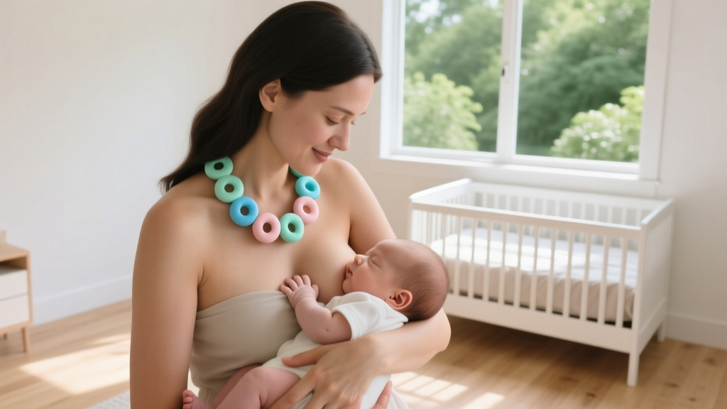 Mother wearing a chunky, pastel food-grade silicone teething necklace while safely nursing her infant in a brightly lit nursery