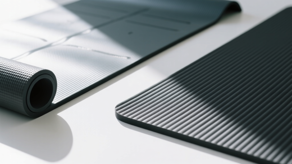 Close-up texture comparison showing the smooth grip surface of a TPE mat versus the ribbed cushioning of an NBR Pilates mat