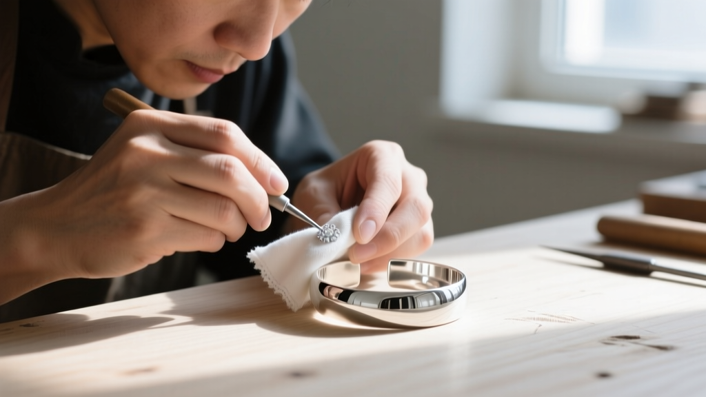 Jeweler applying micro-crystalline wax polish to a 925 sterling silver cuff bracelet using a soft lint-free cloth in a workshop