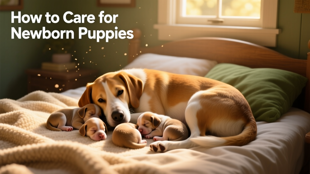 A calm, cozy den setup with soft blankets, a nursing mother dog, and sleeping puppies