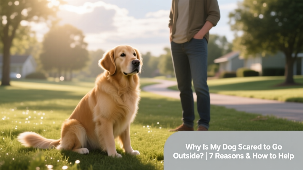 A relaxed dog sitting calmly on grass during a quiet, sunny morning walk with owner nearby