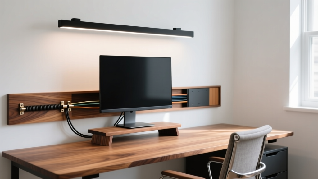 Modern home office desk featuring a walnut monitor stand, asymmetrical monitor light bar, and organized cable management against a white wall