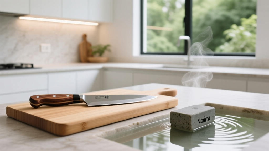 Sustainable Pakkawood chef knife resting on a bamboo board next to a soaking Naniwa whetstone in a bright, modern eco-kitchen