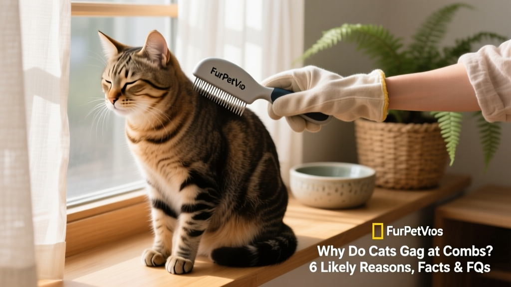 A relaxed cat sitting calmly while a human gently uses a FurPetVo ergonomic comb on its shoulder