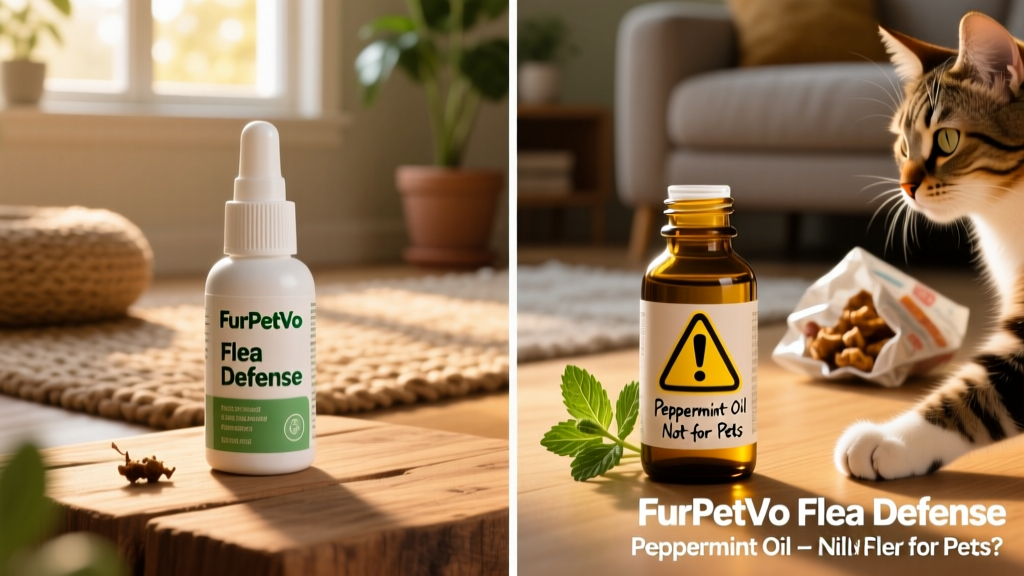 Side-by-side comparison: a safe, vet-approved flea treatment product labeled 'FurPetVo Flea Defense' next to an unsealed bottle of peppermint oil with a caution symbol