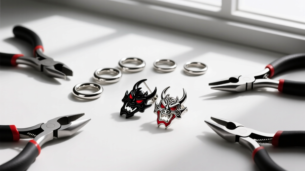 Flat lay of jewelry tools including 18-gauge titanium jump rings, pliers, and a disassembled avant-garde Kpop demon hunter earring.
