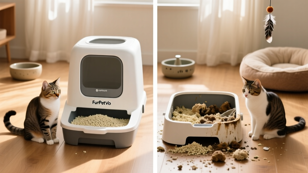 Side-by-side comparison of a clean FurPetVo litter box versus an unclean one, highlighting hygiene benefits