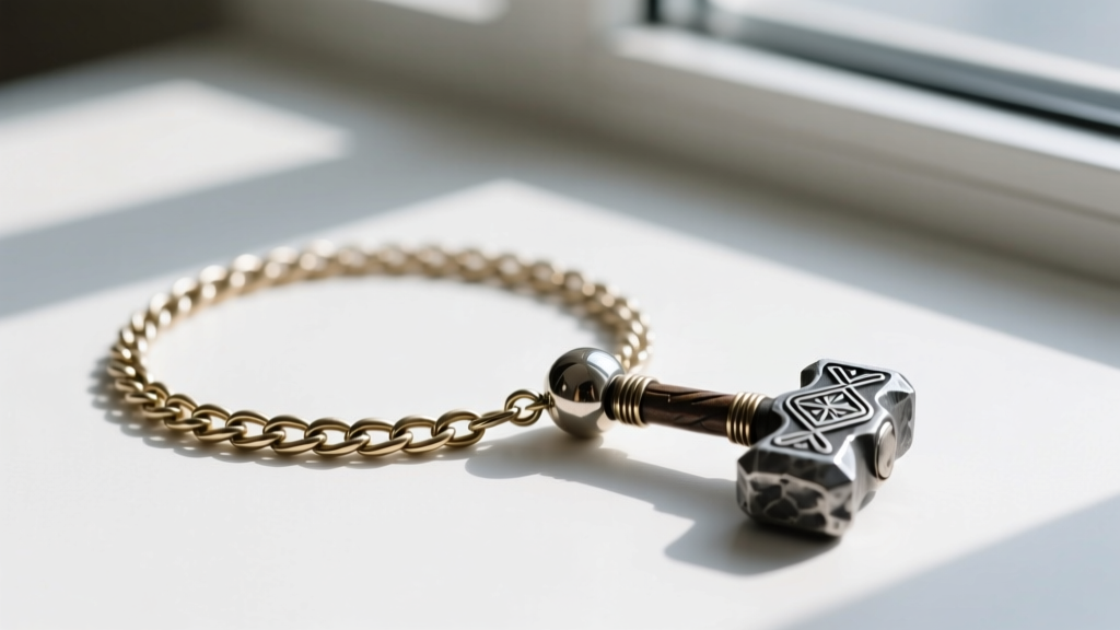 Flat lay of a 5mm wheat chain with a metal counterweight bead near the clasp, designed to balance a heavy Viking hammer pendant.