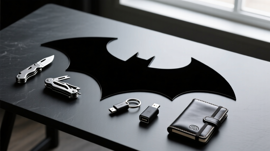 Flat lay of ultra-compact black and gunmetal EDC gear arranged in the shape of a bat symbol on a dark slate desk