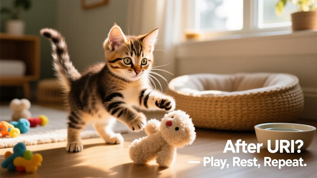 Happy, energetic kitten playing with a soft toy after full recovery from URI