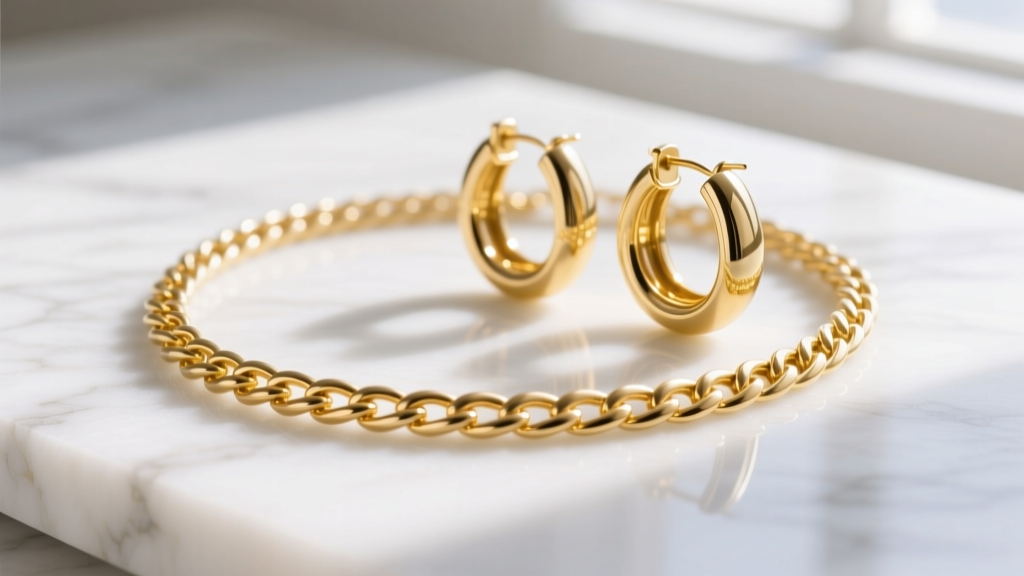 Minimalist 14k yellow gold herringbone chain and chunky hoop earrings resting on white marble under soft, bright morning light.