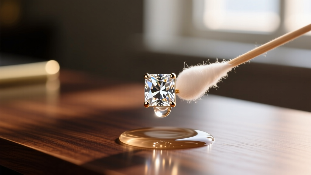 Macro shot of a cubic zirconia stud earring cleaned with a cotton swab in warm soapy water on a dark wood desk.