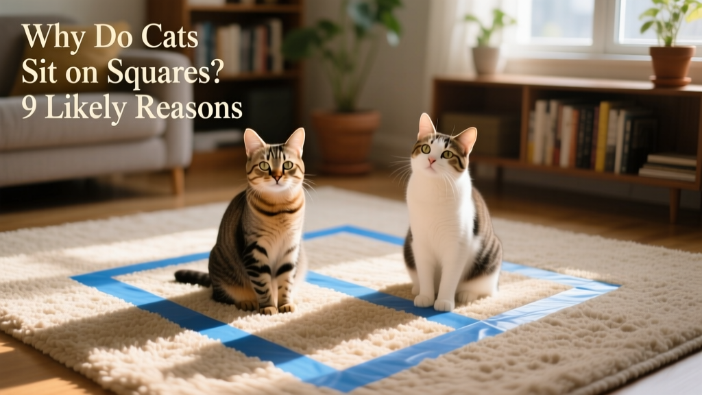Two cats sitting side-by-side inside adjacent squares of blue painter's tape on a rug