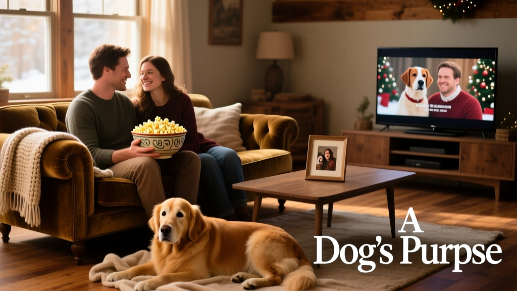 A couple sitting on a sofa with their dog, a bowl of popcorn in hand, ready to watch a movie