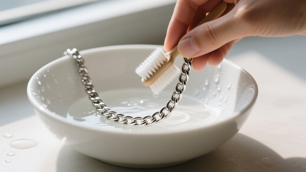 Hands gently scrubbing a tarnished sterling silver chain necklace with a soft toothbrush and mild soapy water in a ceramic bowl.