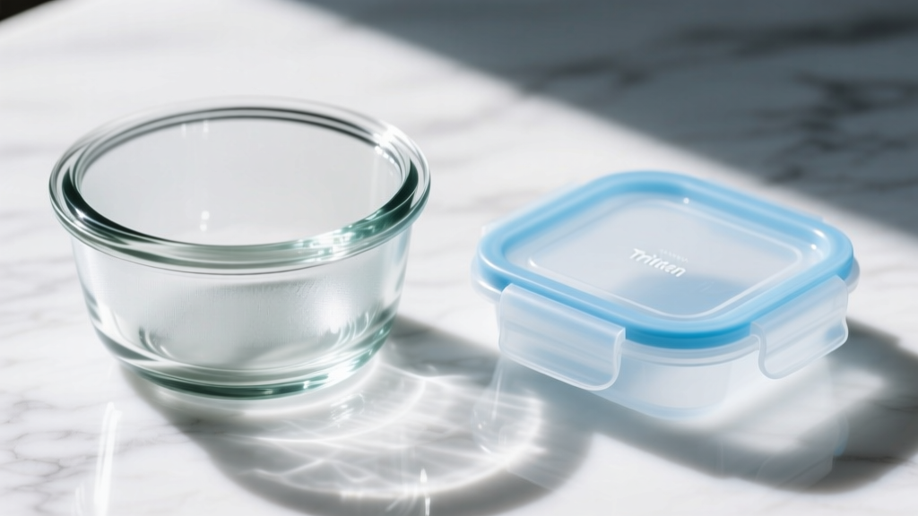 Close-up macro shot comparing the thick rim of a borosilicate glass food storage container with a lightweight Tritan plastic alternative on marble