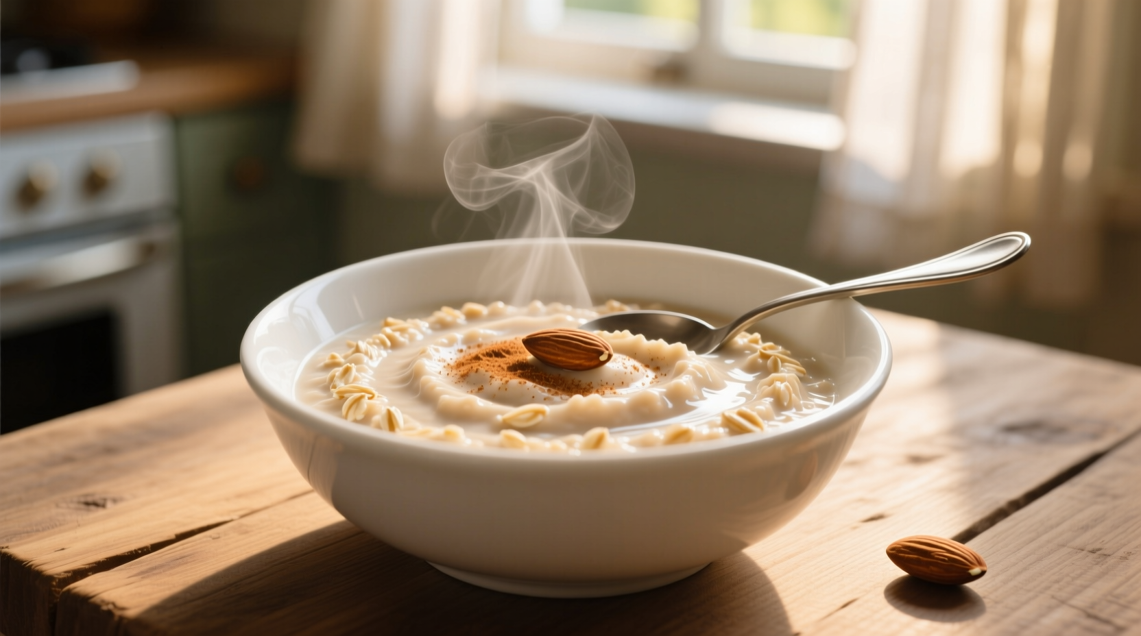 Perfectly cooked creamy oatmeal in white bowl